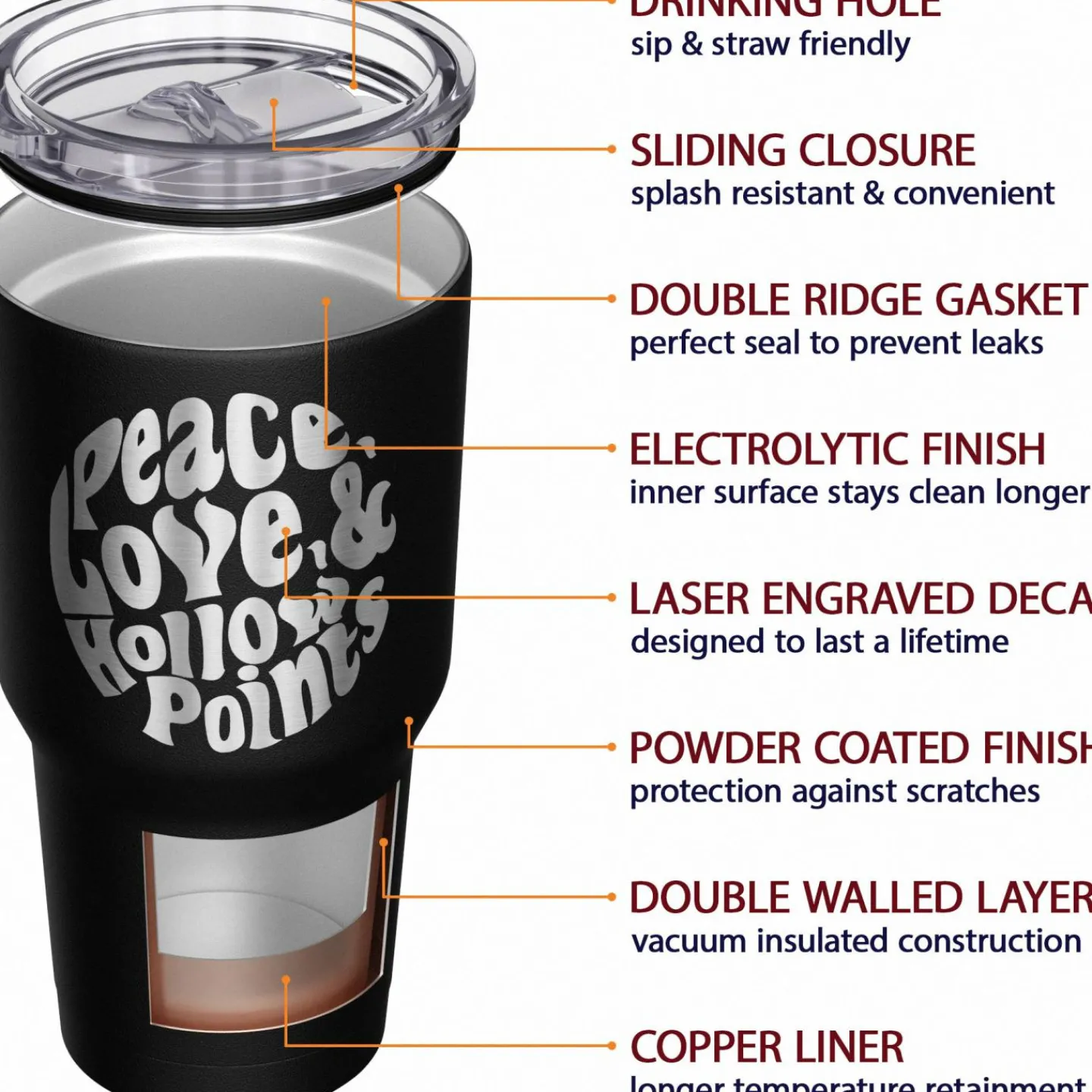 We The People Holsters Peace, Love, & Hollow Points Stainless Steel Tumbler New